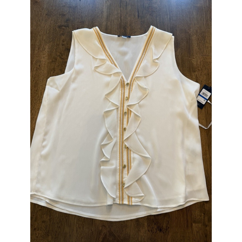 Tommy Hilfiger White Solid Chiffon V-Neck Sleeveless Ruffle Button Blouse XL